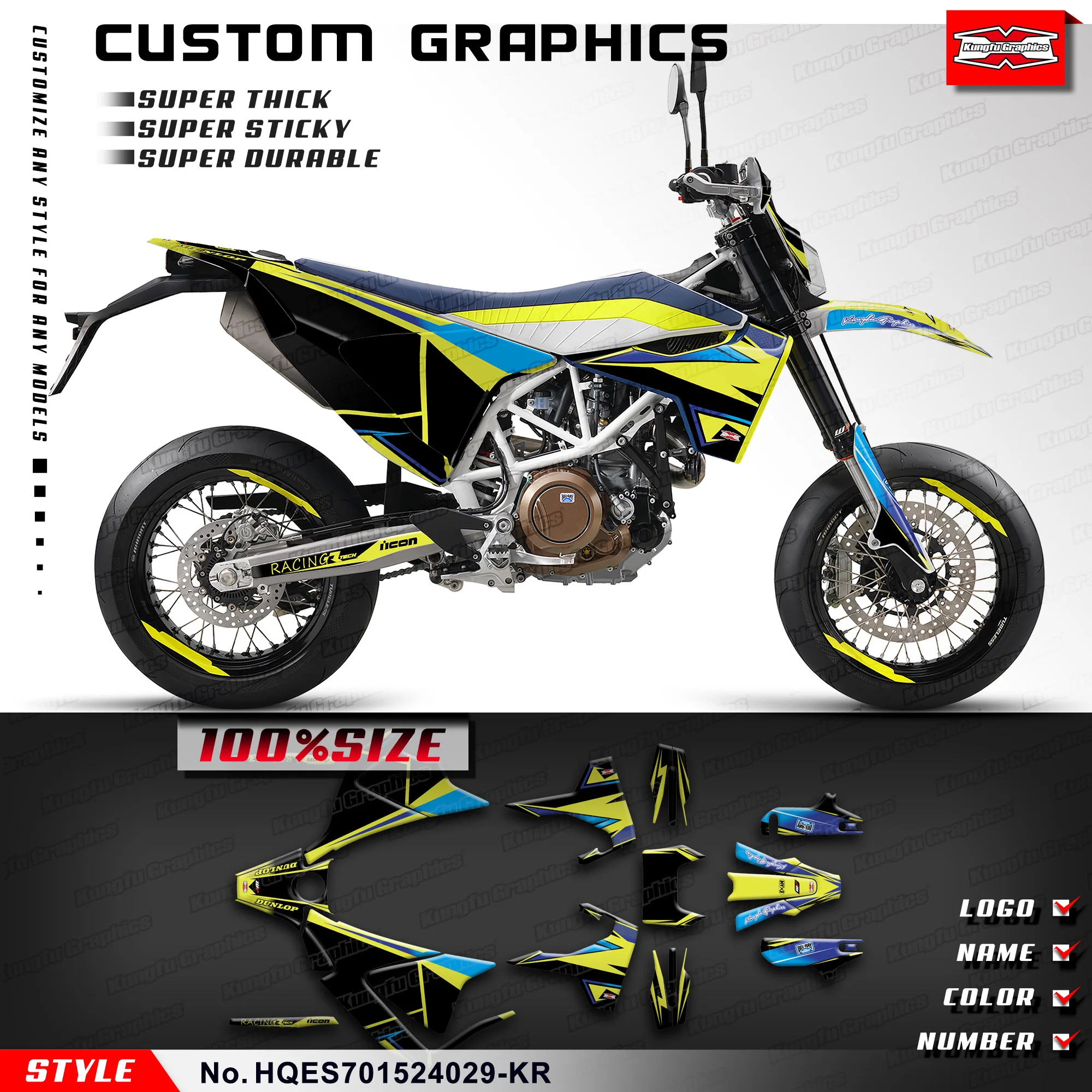 

KUNGFU графические Наклейки на заказ, комплект виниловой пленки для Husqvarna Enduro Supermoto 701 2015-2024, HQES701524029-KR