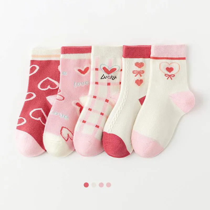 5 Pairs/Lot Kids Soft Cotton Socks Korean Love Heart Flower Print Baby Girl Socks Autumn Winter Warm Children Middle Tube Socks 2