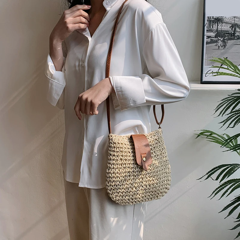 Ladies Fashion Summer Straw Crossbody Bag Women Beach Holiday Shopping Woven Shoulder Handbag Messenger Purses For Women Bags