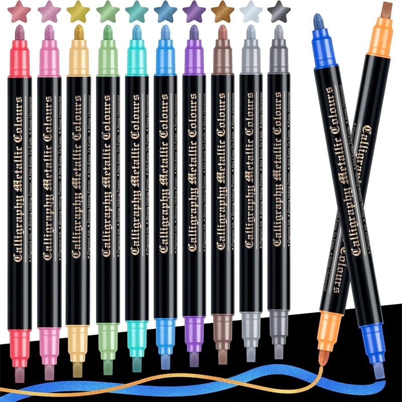 Metallic Markers 12 Colors Dual Tip Chisel & Round Tip Scrapbook Markers Pens for Black Paper DIY Arts & Crafts Wood Glass