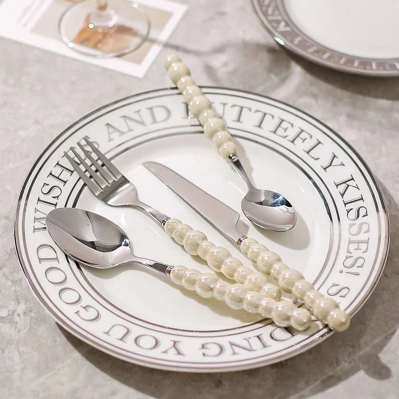

Ceramic Handle Spoon Stainless Steel Dessert Coffee Stirring Teaspoon Tableware Pearl Cutlery Creativity Knife Fork Dinnerware