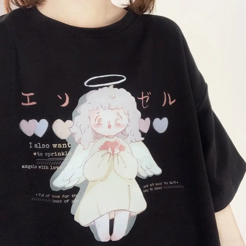MINGLIUSILI Kawaii Angel Print T Shirt Women 2022 Korean Fashion Tee Shirt Femme Short Sleeve Cute Casual Loose Black Tops custom t shirts