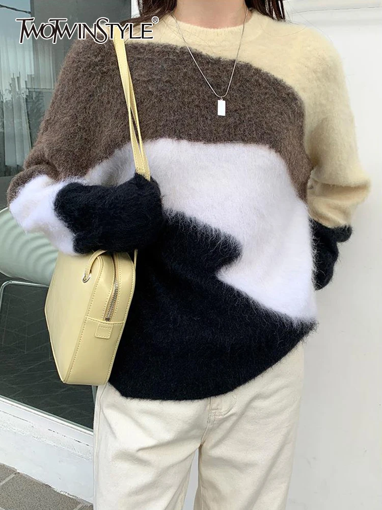 

TWOTWINSTYLE Knitting Sweater For Women Round Neck Long Sleeve Striped Colorblock Casual Vintage Pullover Female Clothing Autumn