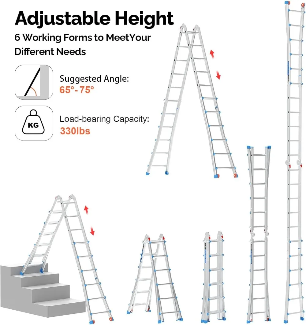 6 Step Telescoping Ladder, 22 Ft Reach, Multi-Position Folding, Flared Leg & Wheels, 330 lbs Capacity for Home Outdoor