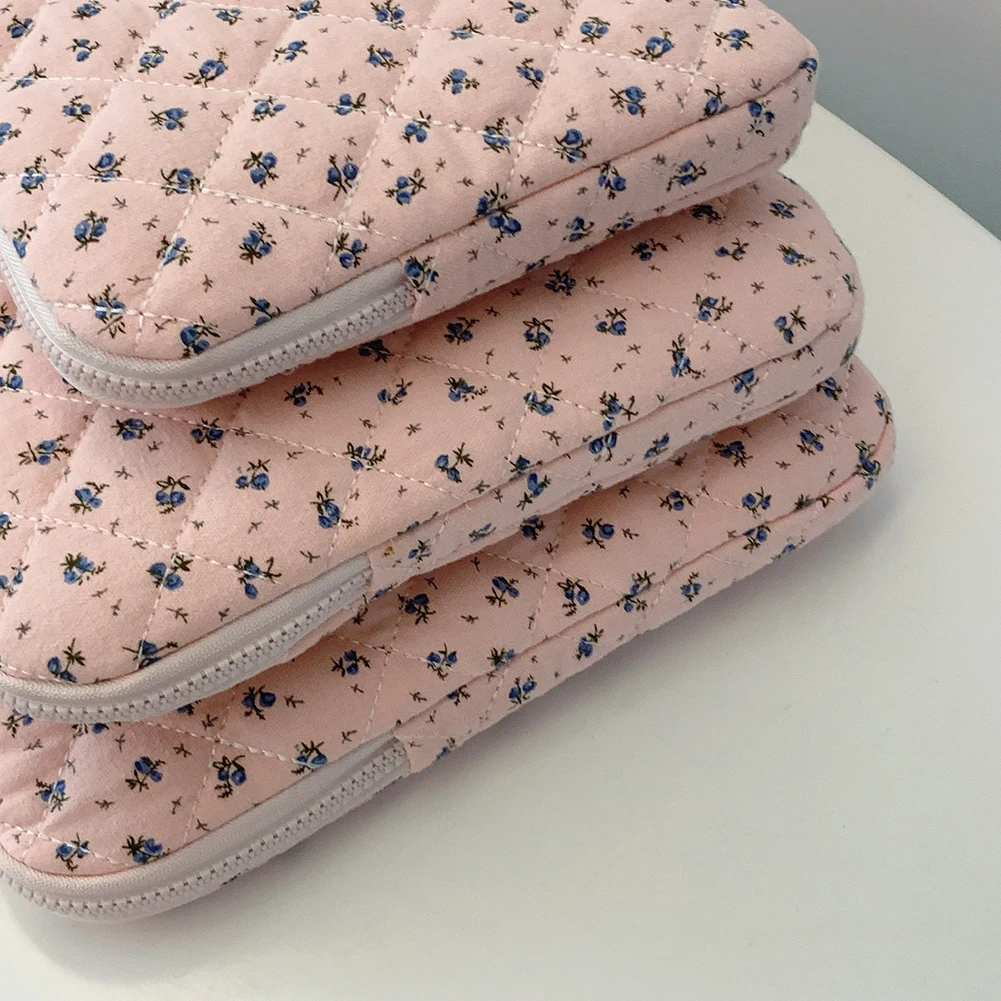 Korean Flower Printed Laptop Carrying Case Quilted Notebook Protective Sleeve Cute INS Grid Handbag for 11-15 Inch Laptop Tablet