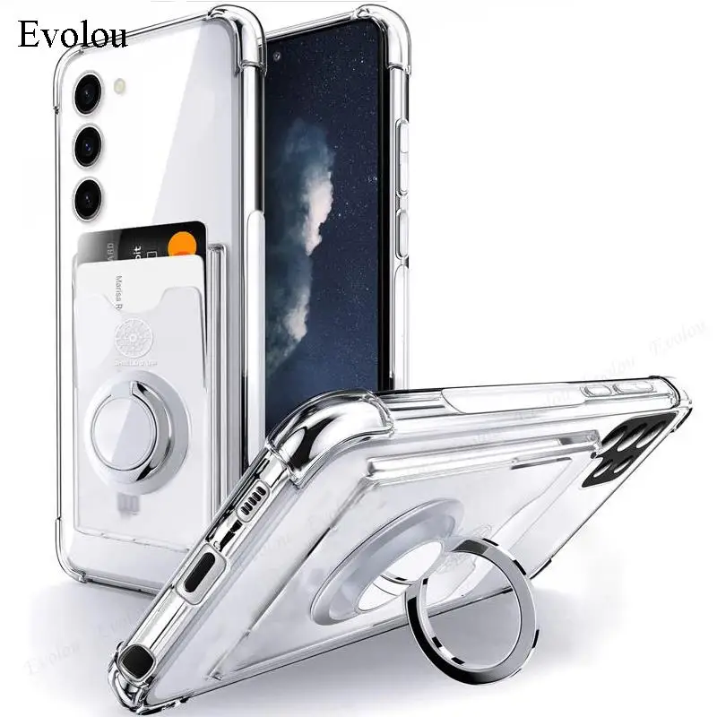 Transparent Phone Case with Wallet Card Slot and Ring Stand Holder - Soft Silicone Back Cover