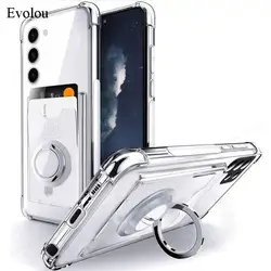 Transparent Phone Case with Wallet Card Slot and Ring Stand Holder - Soft Silicone Back Cover - Samsung S26 (Silver)