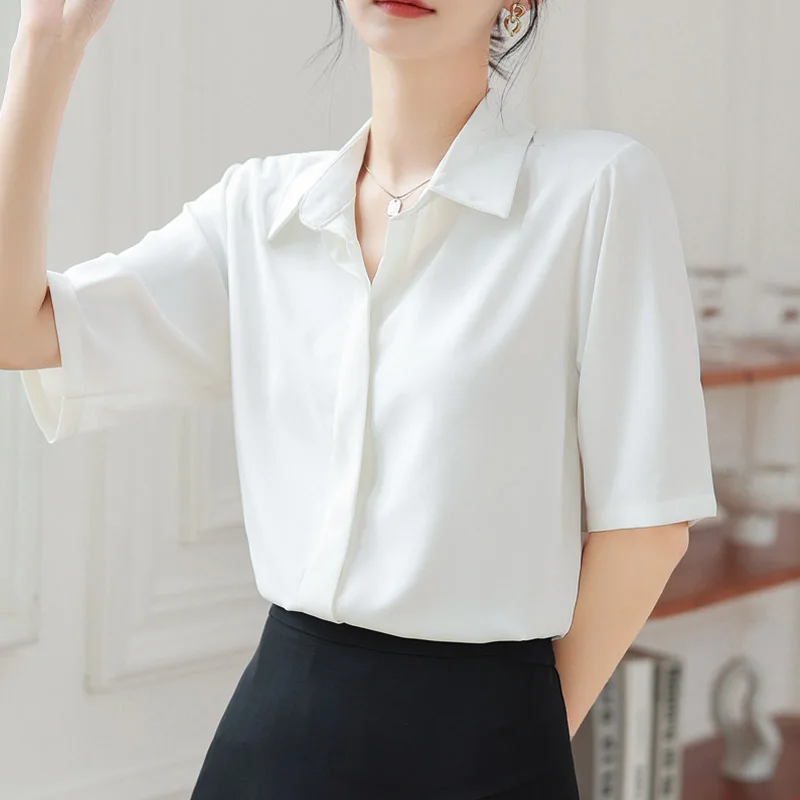 

Блузка женская шифоновая с коротким рукавом, элегантная белая однотонная Повседневная рубашка в Корейском стиле, офисный Топ, лето 2023