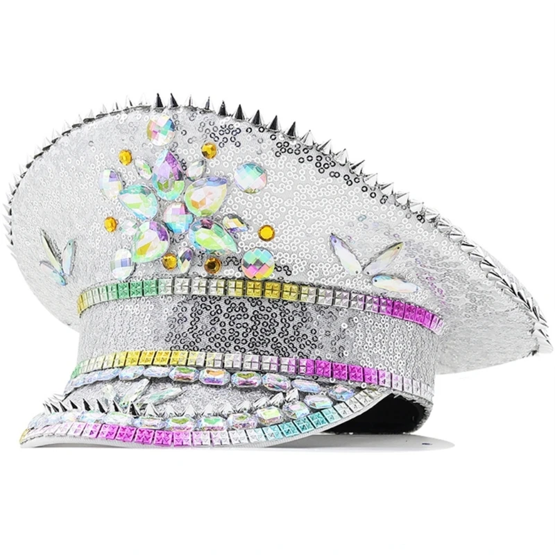

Sequins Sergeant Hat with Rhinestones Bridal Shower Hat Bachelorette Party Cosplay Hat Night Club Captain Hat Headdress