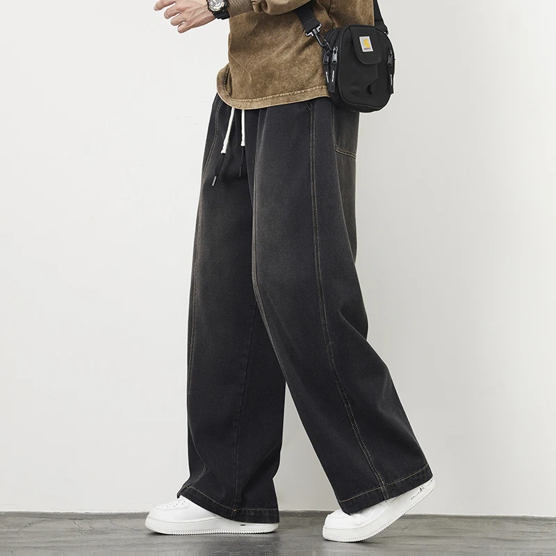 Plus Size M-8XL Men Baggy Jeans Elastic Waist Streetwear Y2K Trousers Straight Leisure Wide Denim Pants Denim Trousers