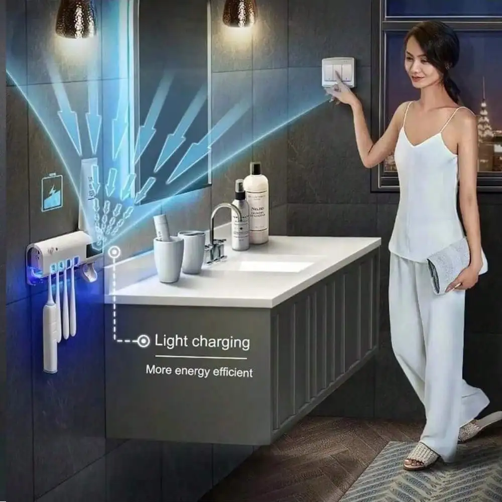 Toothbrush Sterilizer Wall Mounted Intelligent ToothBrush Sterilizer UV Free Solar Powered Cleaner Automatic Tooth paste Dispenser