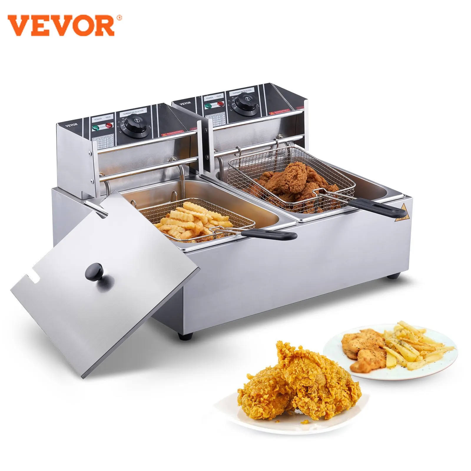 VEVOR Electric Deep Fryer w/Dual Removable Tanks 24L 3000W Commercial Countertop Fryer for Chicken French Fries Frying Chips lyroe commercial french fries fryer chicken potato chips single tank gas fryer