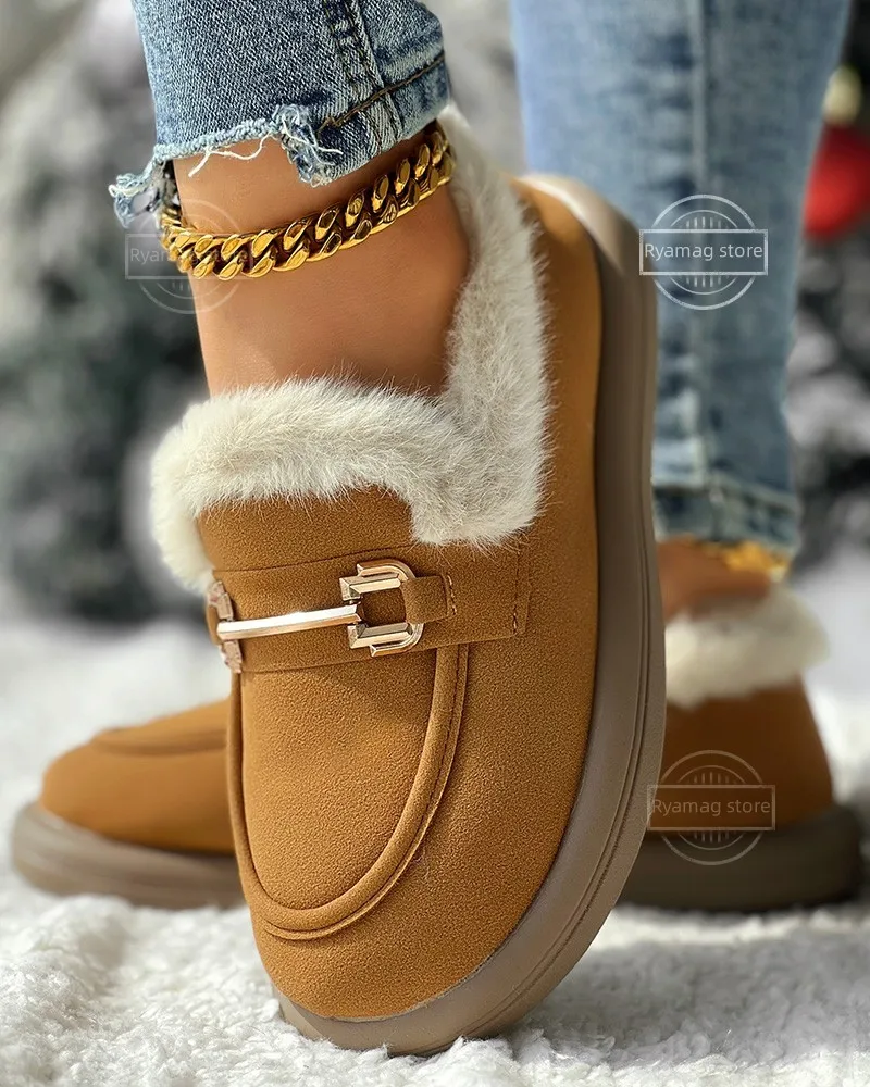 Snow Boots Women's Fuzzy Detail Winter Lined Shoes Woman Flats Round Toe Sneakers Slip-on Loafers Fur Winter Retro Slip on New