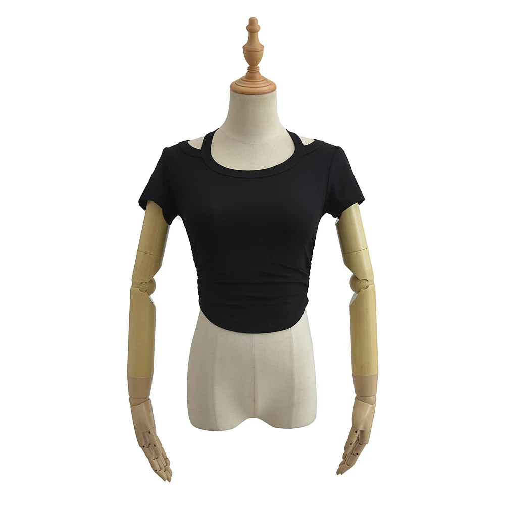 Women Short Sleeve Cropped Cotton T-shirt With Halter Collar And Side Folds Detail