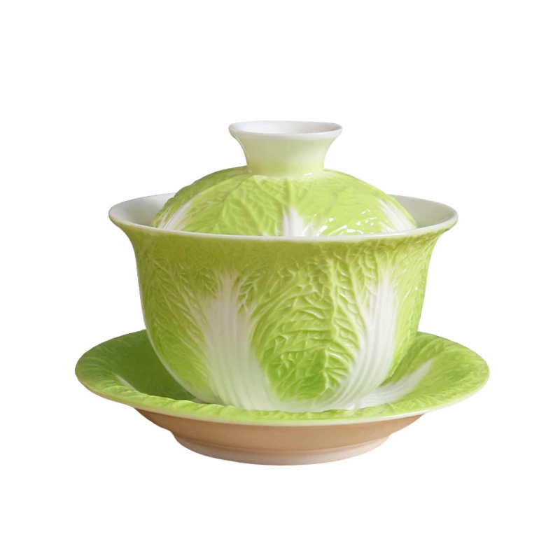 Baicai covered bowl, Yangzhi jade white porcelain tea bowl, ceramic tea set, Kung Fu teas set with lid, gaiwan 180ml，gift
