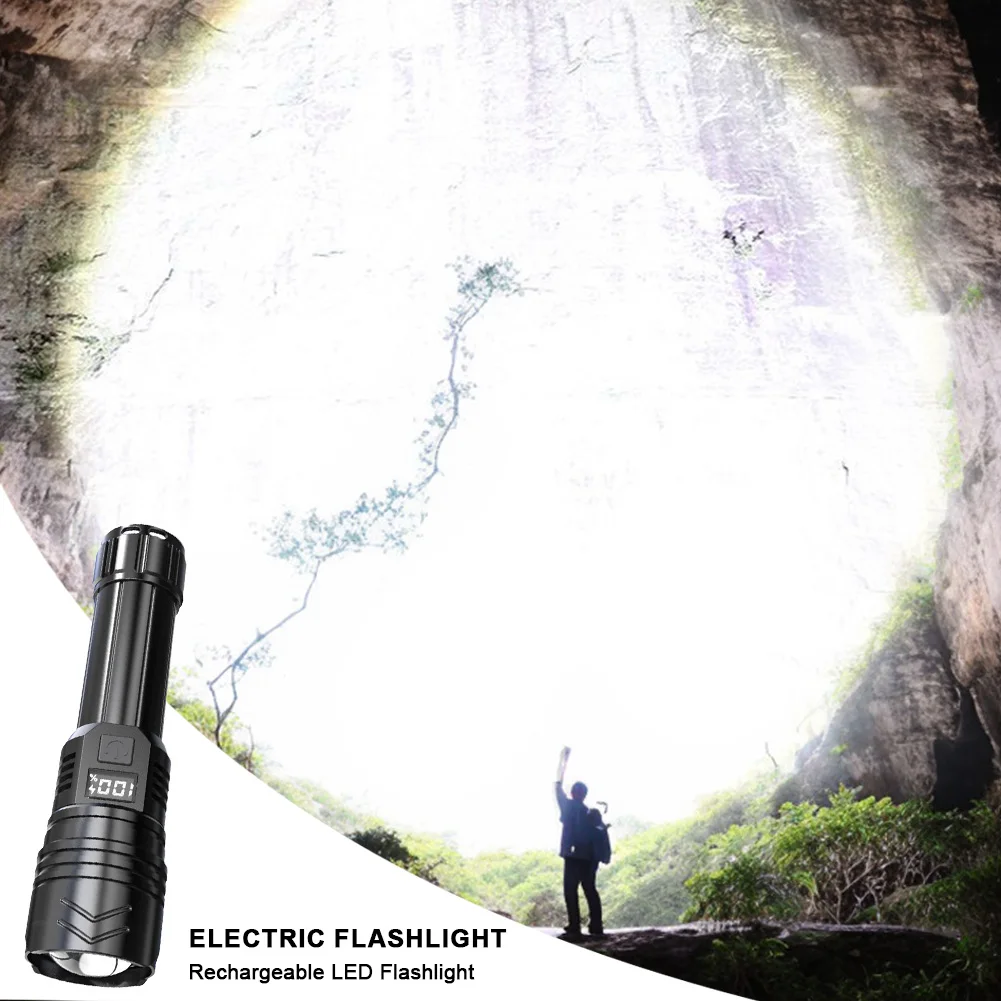 고출력 USB 충전 휴대용 LED 손전등 전원 디스플레이, 캠핑 하이킹용 강력한 LED 손전등