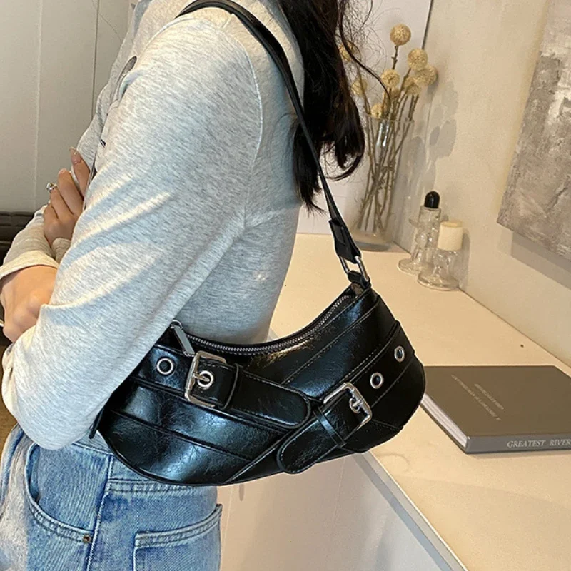 Red Vintage Shoulder Bag Y2K Belt Design PU Leather Underarm Bags for Women Trend Hot Cool Girl Crossbody Bag Punk Style Handbag