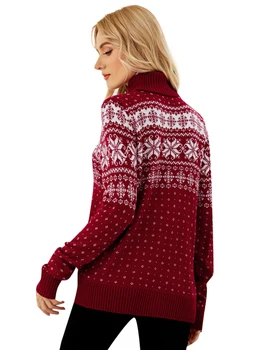 Women s Christmas Snowflake Knitted Sweater Long Sleeve High-neck Print Christmas Pullover Knitwear 2