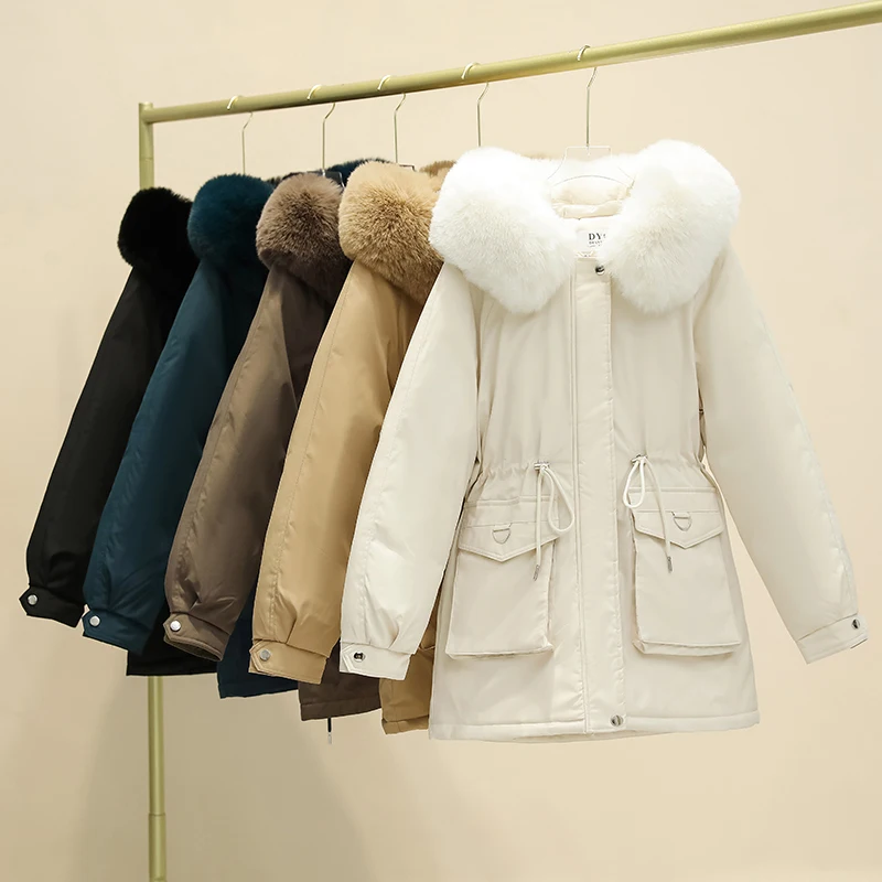

Winter Fur Lining Warm Female Jacket 2023 Women Snow Coat Drawstring Women Parka Thicken Warm Hooded Jacket Windproof Outwear
