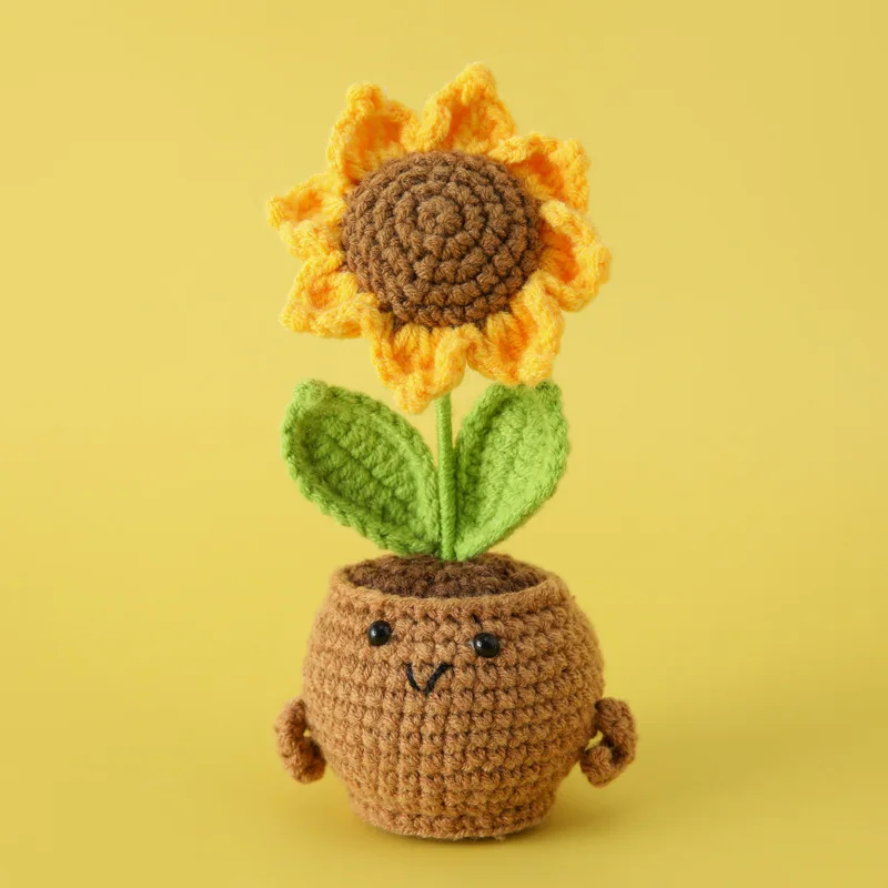 2025 Häkelblumen im Topf, kreative gestrickte Sonnenblume, handgefertigte Strickblume, Freunde, Geschenk, Büro, Heimdekoration – Detail 7