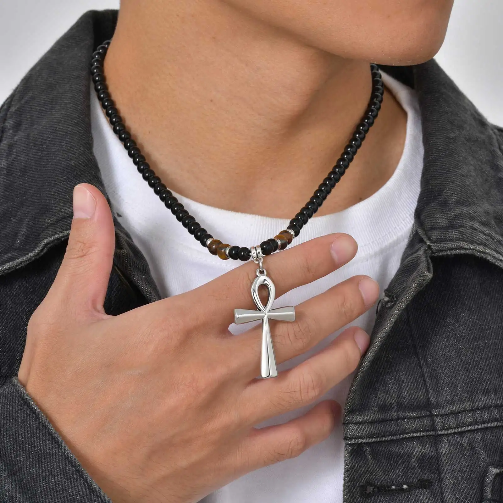 Trendige Anka-Kreuz-Halskette für Männer, ägyptische Ankh-Lebenssymbol-Perlen-Halskette, ethnische religiöse Schmuckgeschenke – Detail 1
