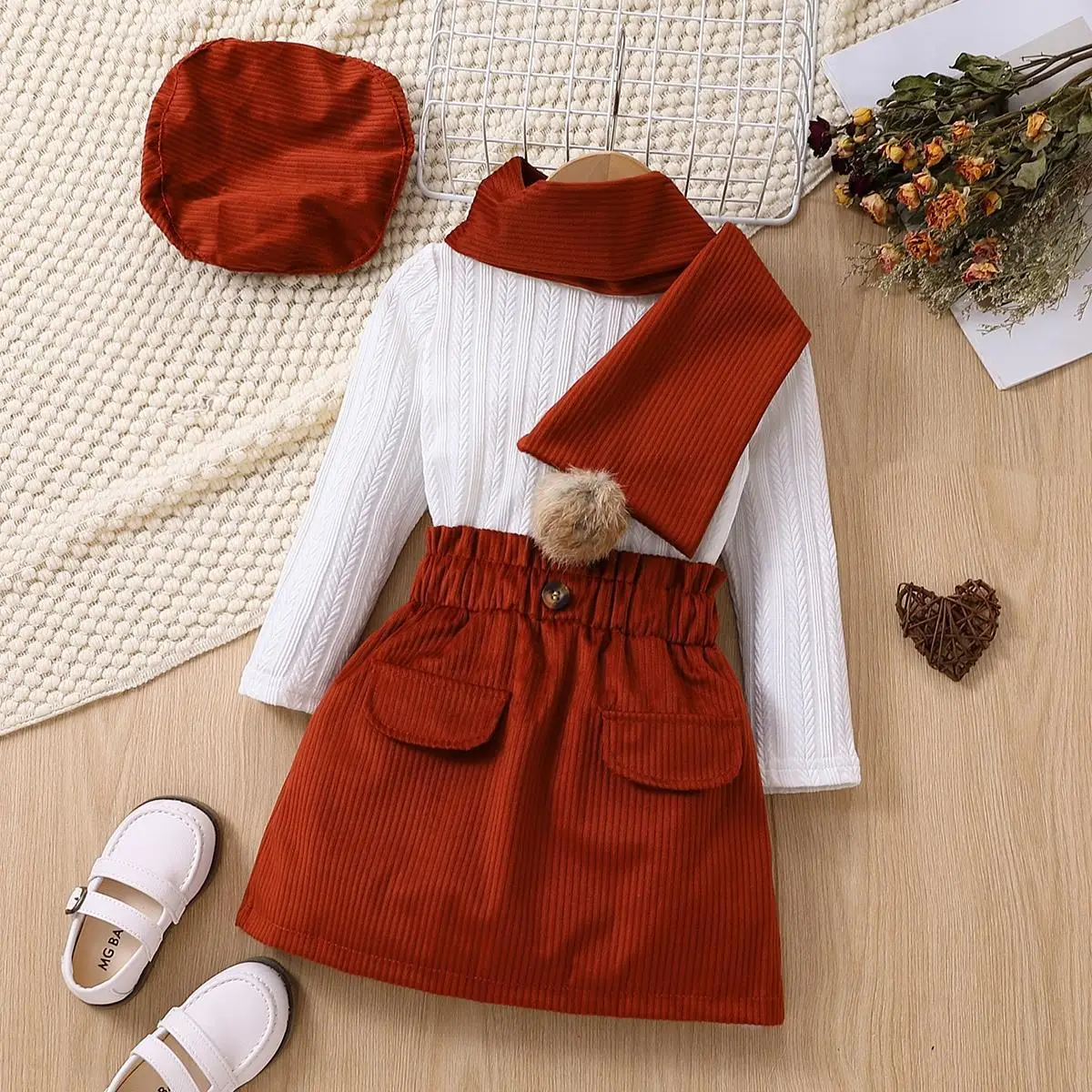 

2023 New Autumn European Kids Boutique Clothes 4 Pieces Sets Tops Skirt Scarf Beret Solid Color Casual Fashion Daily Knitted