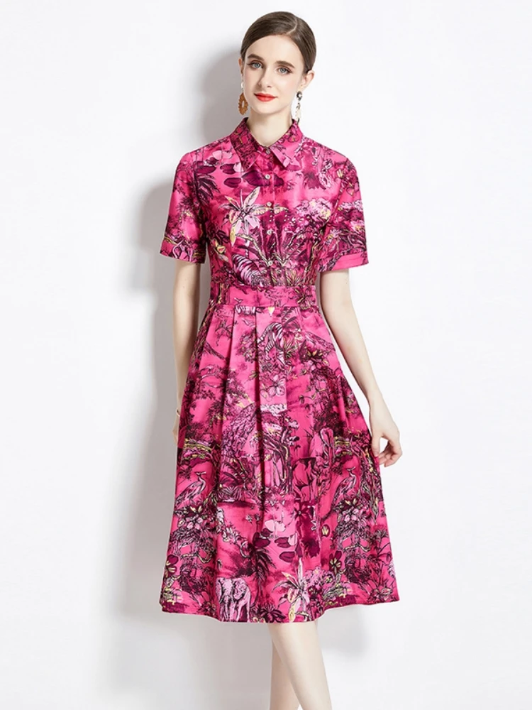 

2023 Summer Tropical Jungle Rose Red Shirt Dress Women's Short Sleeve Turn Down Collar Leaves Animal Print A Line Midi Vestidos