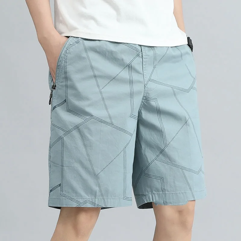 Minimalist and Fashion Korean Summer Pinstripe Geometric Men's Elastic Waist Zipper Pocket Casual Loose Knee Length Shorts