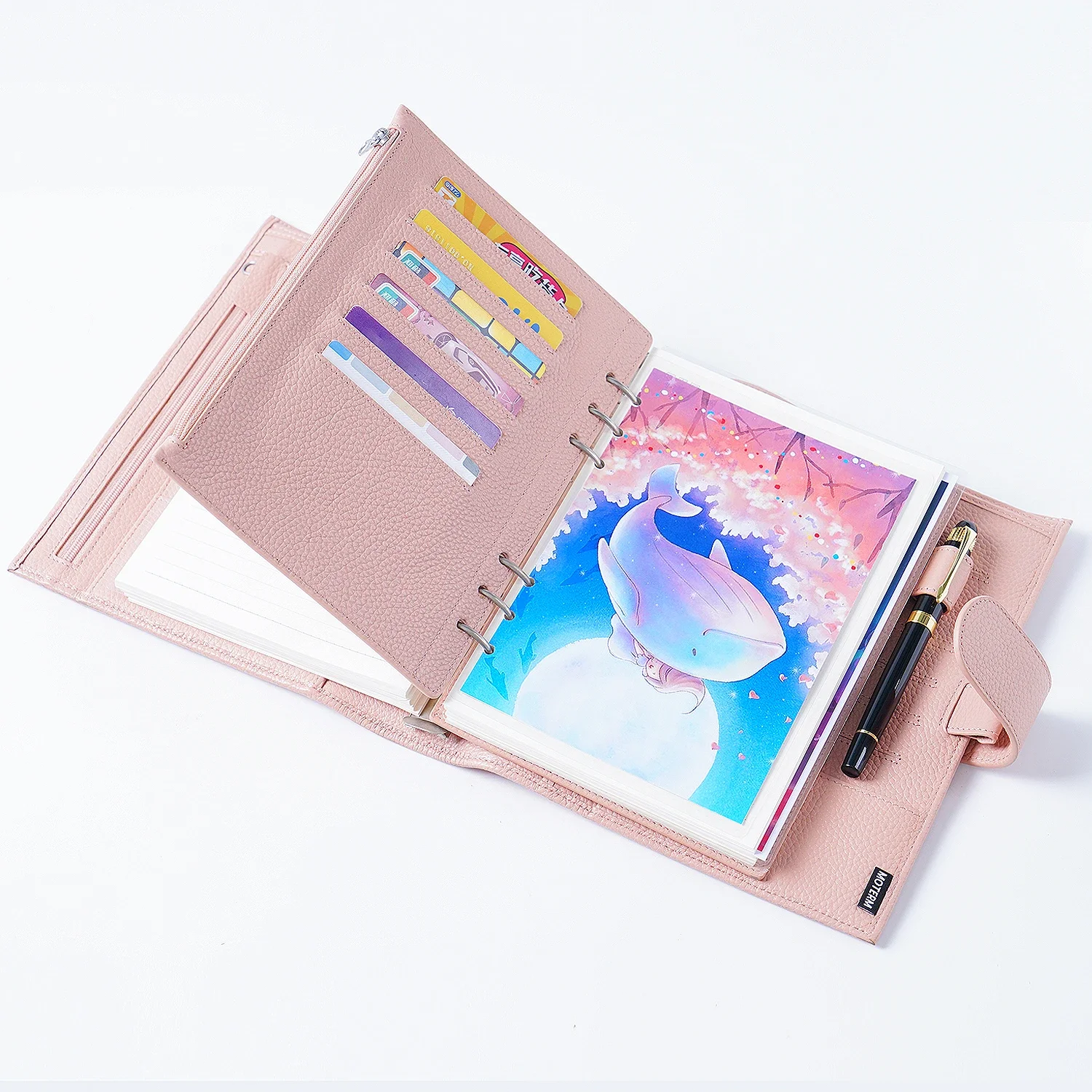 Moterm 지퍼 플라이리프, A5 사이즈 링 플래너,  페블 그레인 가죽 분배기, 동전 보관 가방, 노트북 액세서리