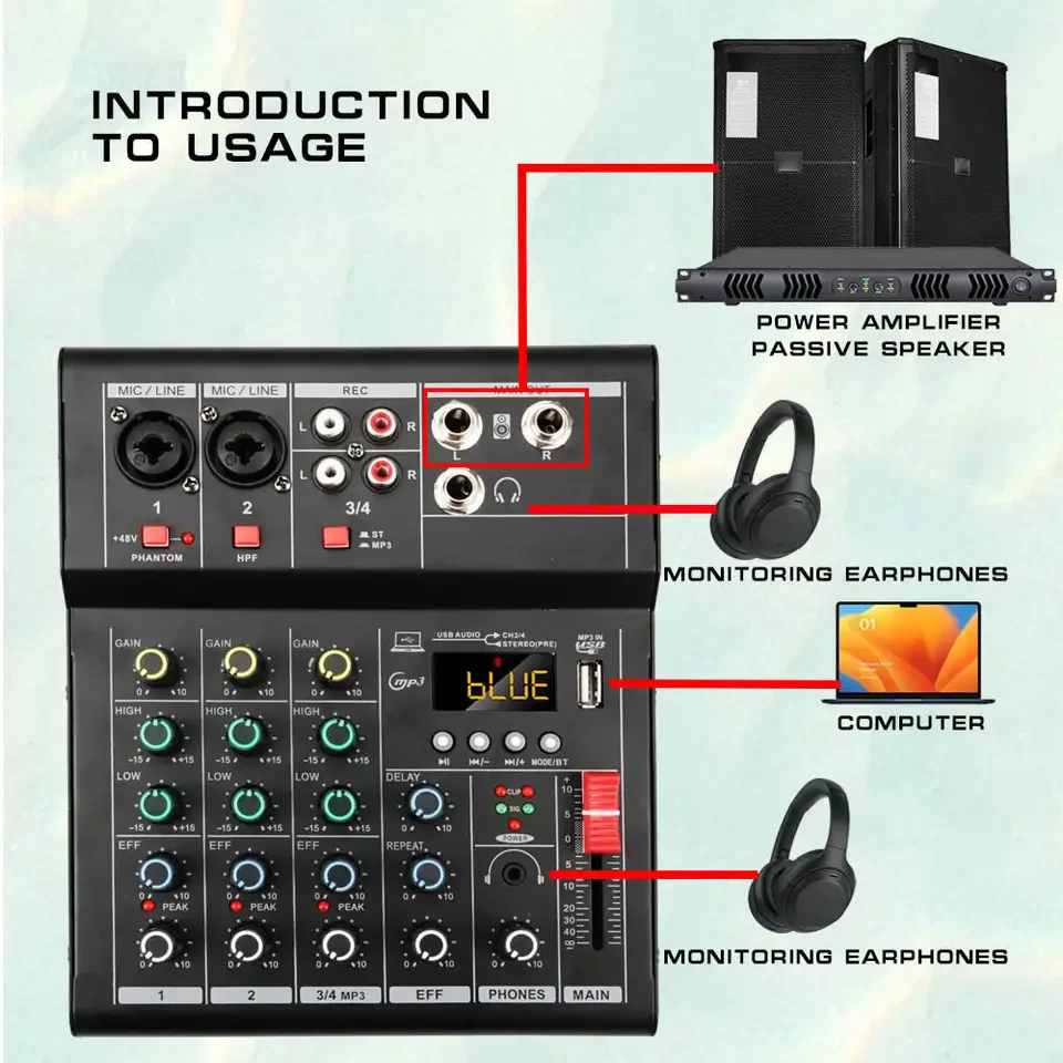4 6 channels Audio mixer DJ karaoke Mixing Console USB Interface Sound Card BT 48V PC MP3 DJ Recording audio mixer audio interface