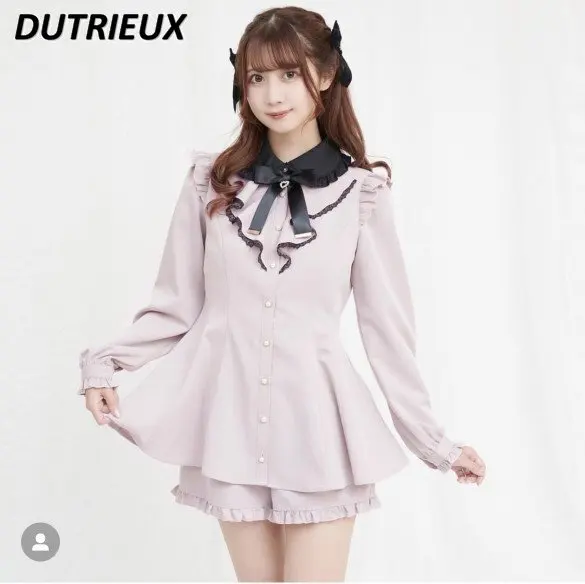 

Japanese Style Top Shorts Set Lolita Style Two-Piece Sets Long Sleeve Shirt Lace Stitching Sweet Bow Spring Summer Women Outfits