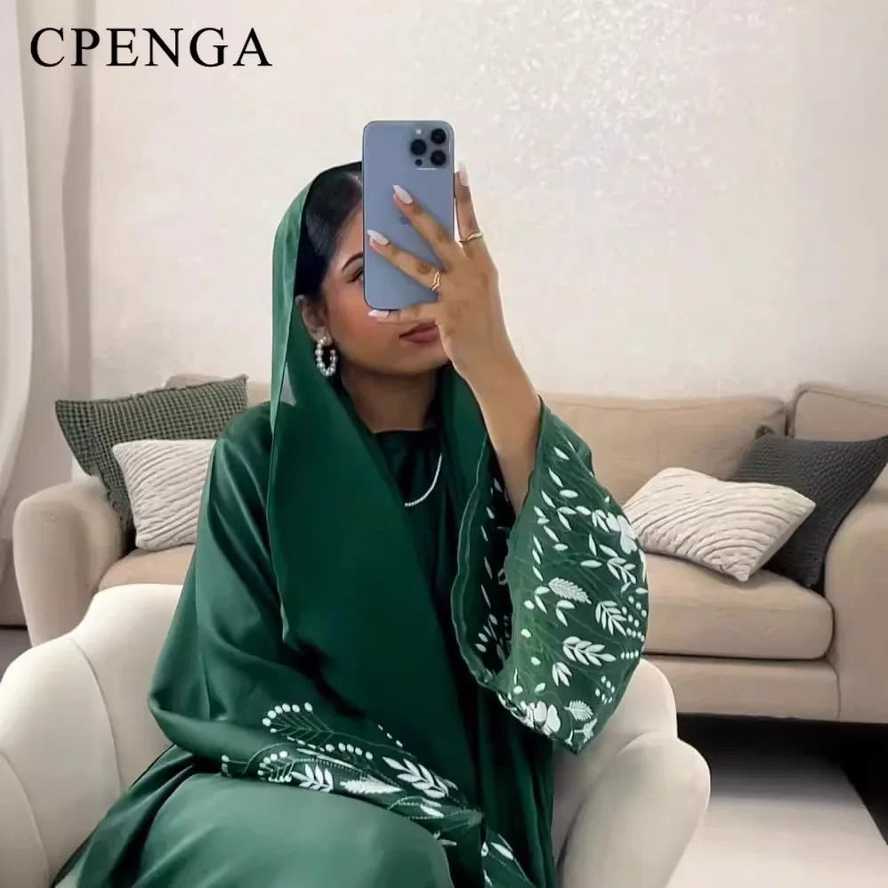 2024 Embroidery Kimono Muslim Robe Syari Female Full Length Muslim Outerwear caftan Black Abaya Saudi Arabia dress for women 3