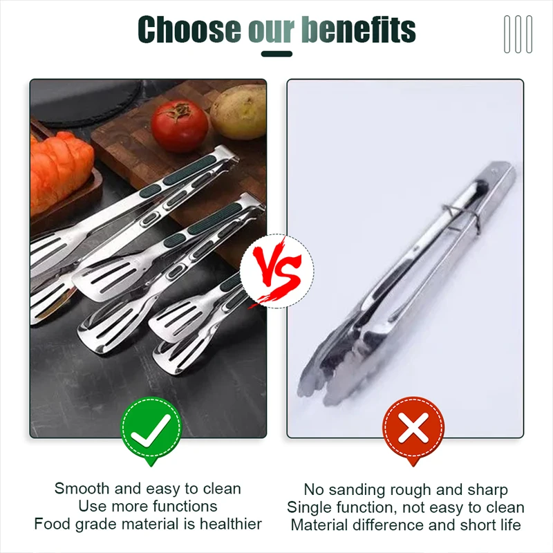 Food Tongs 304 Stainless Steel Kitchen Tongs Non-slip Handle BBQ Meat Clips Grilling Accessories Salad Bread Clamp Tool