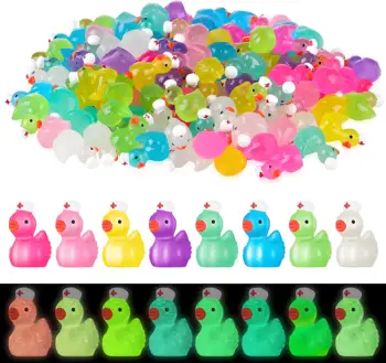 10pcs Luminous Mini Resin Ducks Figures Wearing Hat Mini Ducks Glow in The Dark DIY Crafts Decor for Micro Landscape Garden