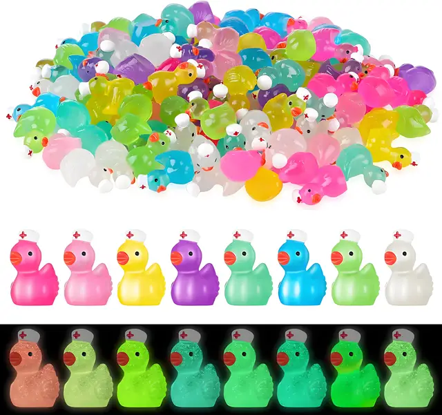 10pcs Luminous Mini Resin Ducks Figures Wearing Hat Mini Ducks Glow in The Dark DIY Crafts Decor for Micro Landscape Garden