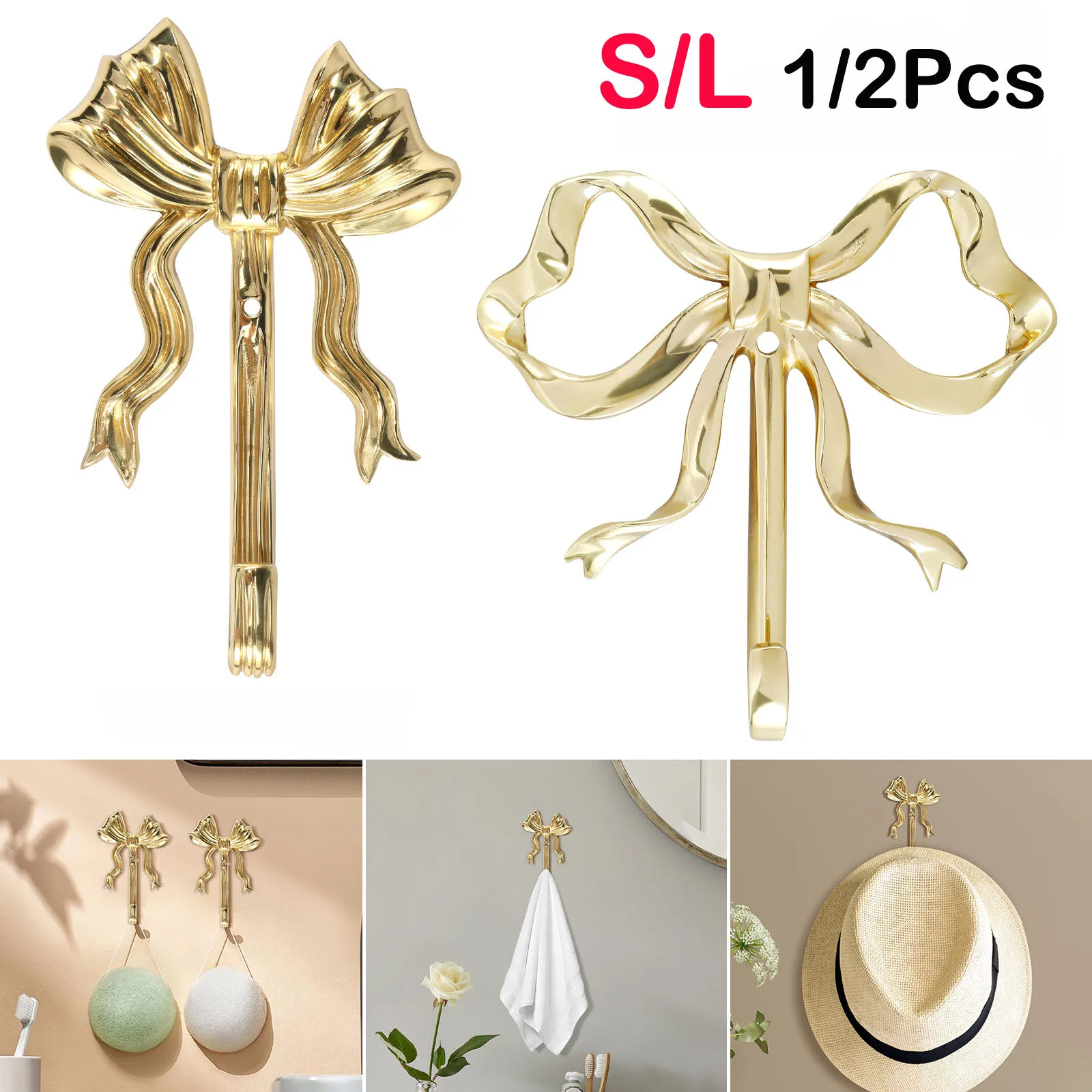 1/2Pcs Coat Hook Brass Retro Gold Bow-Shape Decorative Hook