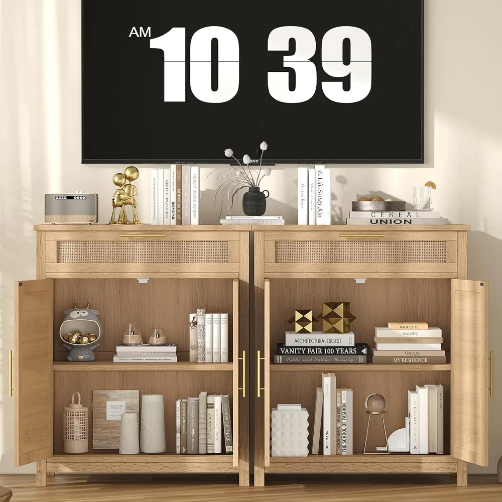 Set of 2 Rattan Accent Storage Cabinet, Floor Cabinet 4 Doors, Bathroom Storage Cabinet Large Drawer, Sideboard Buffet