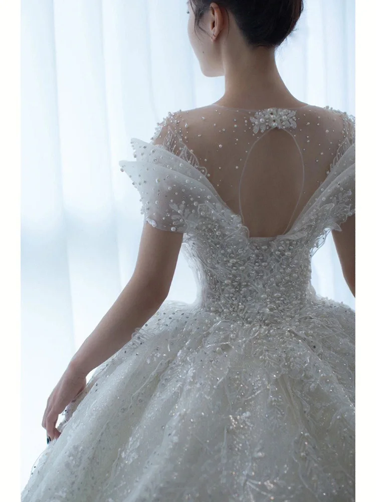 Exquisite Off Shoulder Luruxy Wedding Dress New Bride Small Main Yarn Super Heavy Industry Beading Pearls Tail Princess