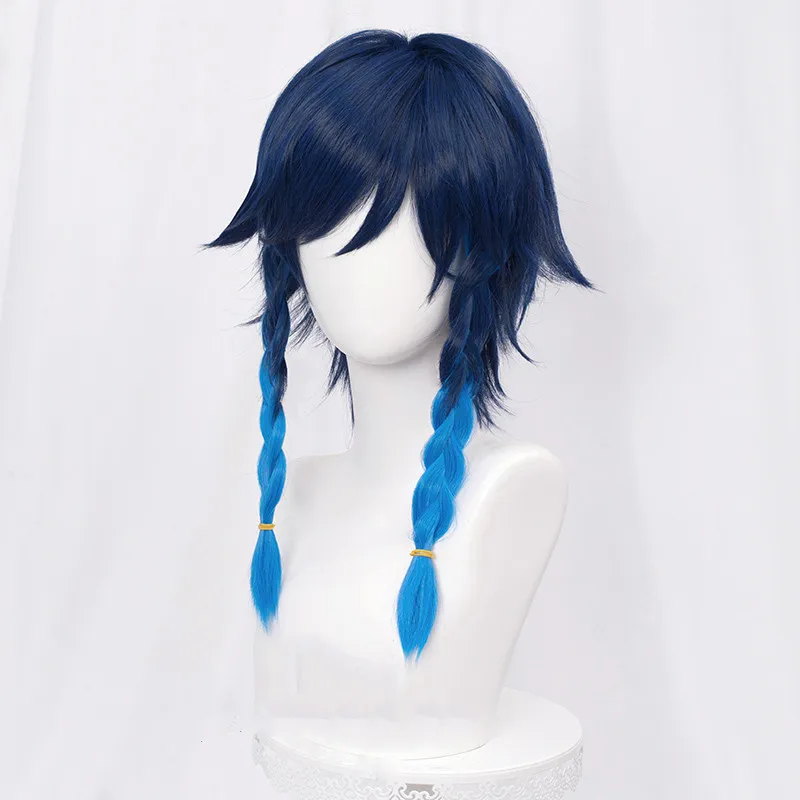 Game Genshin Impact Venti Cosplay Unisex 50cm Blue Wig Cosplay Anime Braid Wigs Heat Resistant Synthetic Wigs + Wig Cap