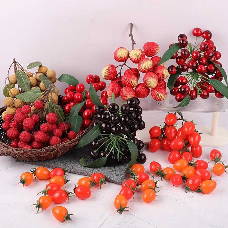 Longan 생소녀 시뮬레이션 과일 리치 체리 꼬치, 생일 파티 촬영 소품, 과일 가게 장식