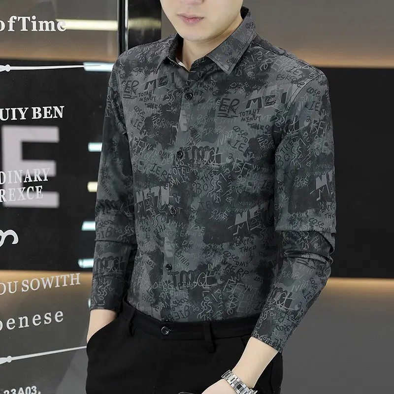 

Spring Autumn New Turn Down Collar Letter Printing Streetwear Shirt Hombre Harajuku Y2K Trend Fashion Cardigan Blouse Femme Top