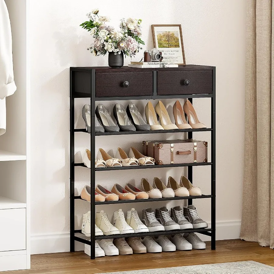 Shoe Rack 5 Tier Shoe Organizer with 2 Drawers Metal Shoe Storage for 1620 Pairs of Shoes with Fabric Shelves and Wooden Top Na
