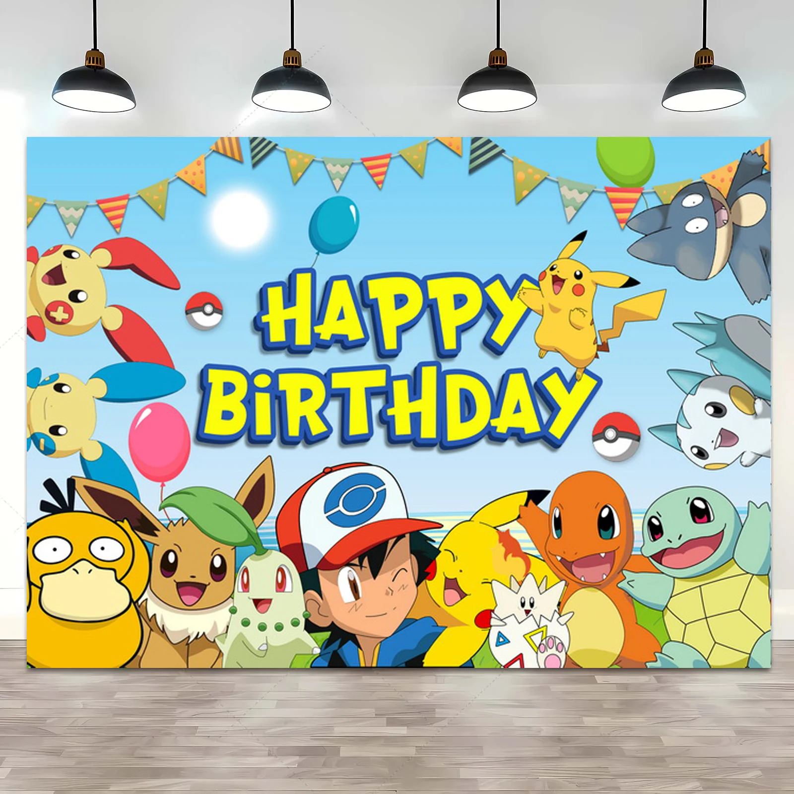 Birthday Background Supplies Happy Birthday Party Pokemon Backdrop Decoration Kids Boy Baby Shower Pikachu Anime Photography Background Banner Vinyl Poster