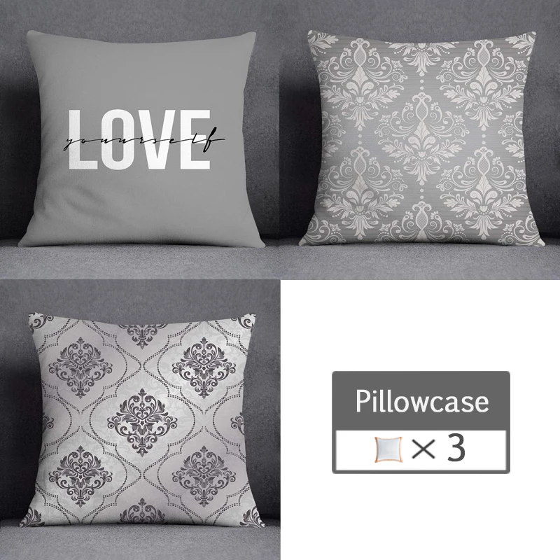 3pcs/lot 45X45CM Gray Lumbar Pillow Case Polyester Geometry Leaf Floral Stripes Plaids Print Sofa Throw Cushion Cover Home Decor 