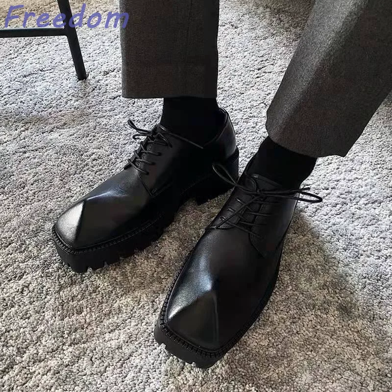 

Men's and women's fall winter special England triangle toe muffin thick bottom lace-up square toe Derby rhino leather shoes