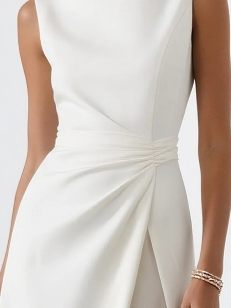 Yeezzi Women Pleated White A-Line Dress 2025 New Sleeveless Solid Color Split-Joint Round-Neck Elegant Evening Maxi Dresses 2
