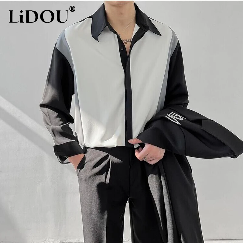 

Spring Korean Style Turn-down Collar Contrast Color Patchwork Long Sleeve Single Breasted Shirt Men's Loose Casual Blouse