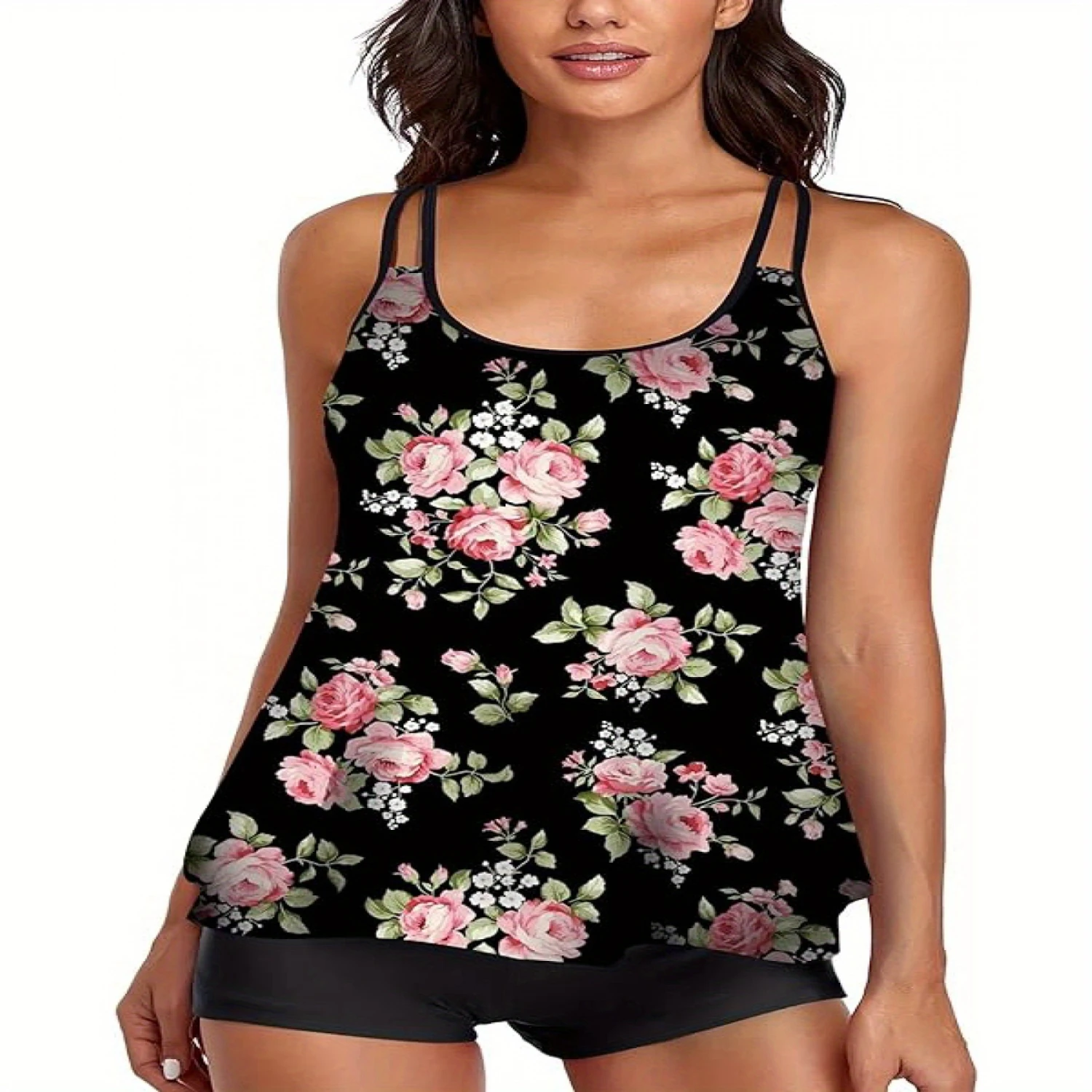 Two Piece Womens Loose Fitting Tankini Swimsuit-High Stretch, Tummy Control, Crew Neck, Random Print, Sleeveless, Nylon and Sp