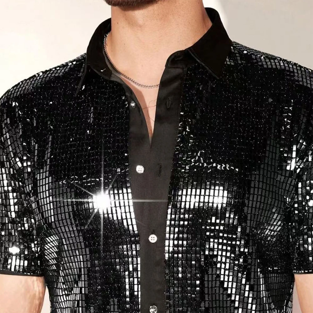 Herren Vintage 70er Disco Club Hemd Glänzende Pailletten Kurzarm Button-Down-Hemd – Detail 5