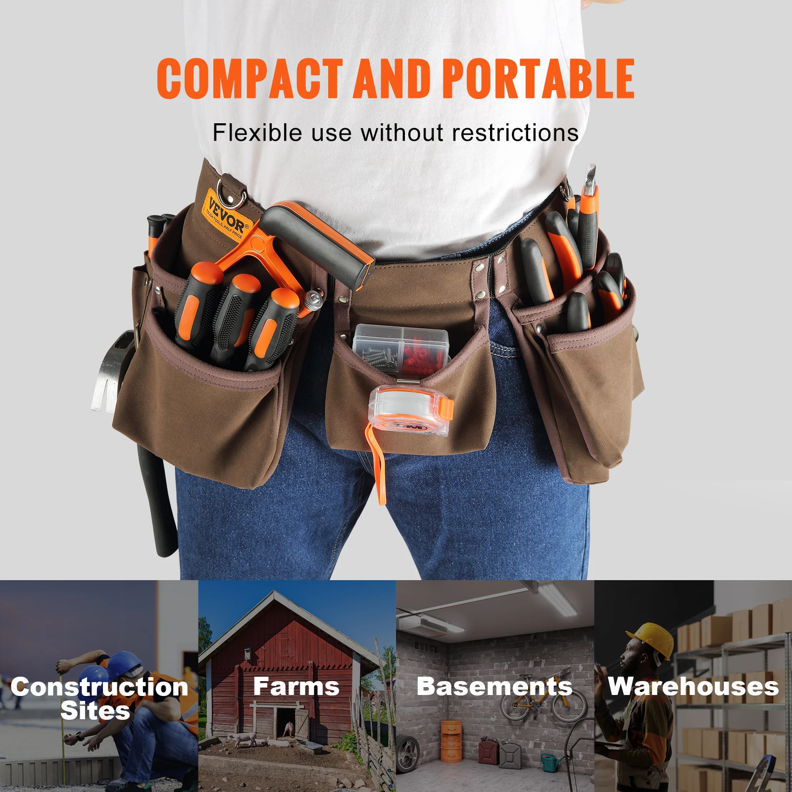 VEVOR 13 Pockets Tool Belt Waist Pouch with Dual Hammer Loops Tool Storge Bag for Wrenchs Screw Electrician Carpenter Repair 6